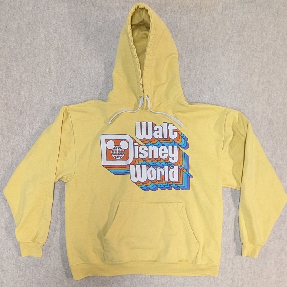 Disney World Unisex Faded Butter Yellow Retro Logo Hoodie Comfy Size Large